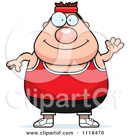 Cartoon Of A Waving Plump Caucasian Gym Man - Royalty Free Vector Clipart by Cory Thoman