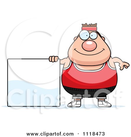 Cartoon Of A Plump Caucasian Gym Man With A Sign - Royalty Free Vector Clipart by Cory Thoman