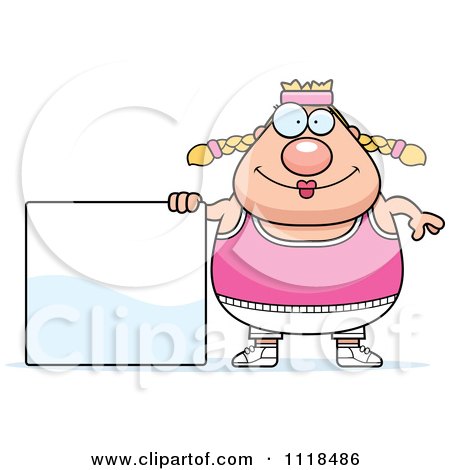 Cartoon Of A Plump Caucasian Gym Woman With A Sign - Royalty Free Vector Clipart by Cory Thoman