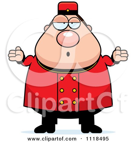 Cartoon Of A Careless Shrugging Bellhop Worker - Royalty Free Vector Clipart by Cory Thoman