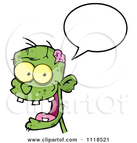 Cartoon Of A Happy Green Zombie Head With A Speech Balloon 1 - Royalty Free Vector Clipart by Hit Toon