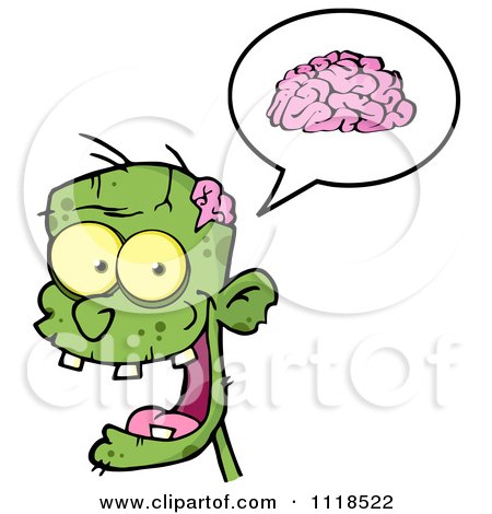 Cartoon Of A Happy Green Zombie Head With A Brain In A Speech Balloon 1 - Royalty Free Vector Clipart by Hit Toon