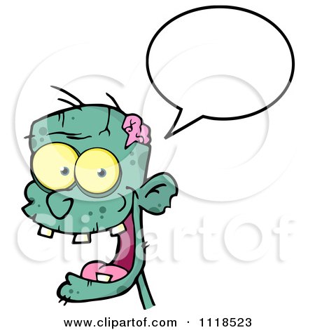 Cartoon Of A Happy Green Zombie Head With A Speech Balloon 2 - Royalty Free Vector Clipart by Hit Toon