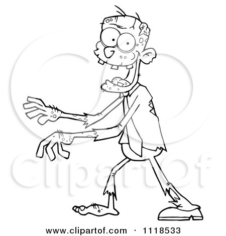 Cartoon Of An Outlined Happy Zombie Walking - Royalty Free Vector Clipart by Hit Toon
