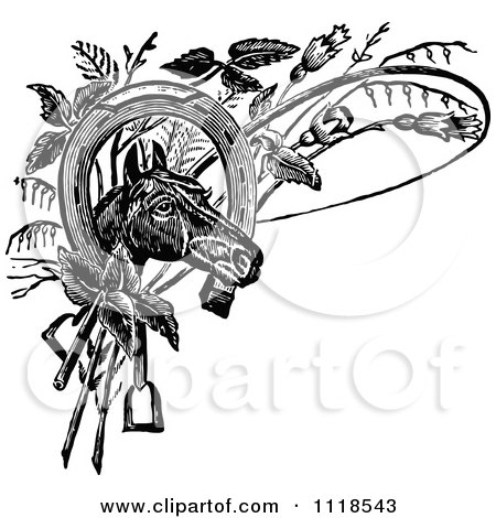 Clipart Of A Retro Vintage Black And White Horse Head With A Shoe Whip And Plants - Royalty Free Vector Illustration by Prawny Vintage
