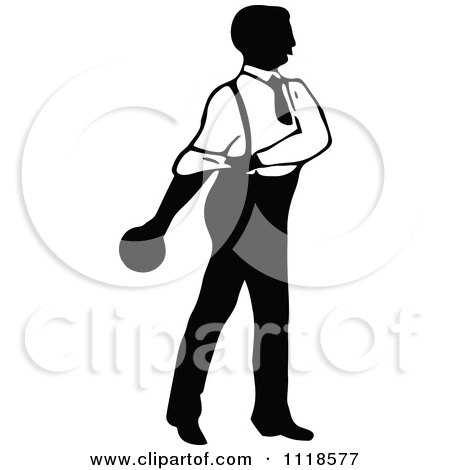 Clipart Of A Retro Vintage Black And White Man Bowling 6 - Royalty Free Vector Illustration by Prawny Vintage