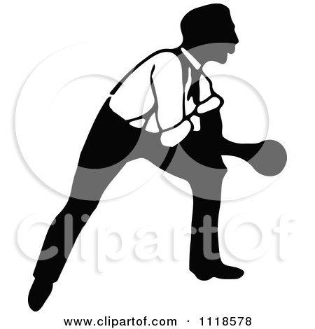 Clipart Of A Retro Vintage Black And White Man Bowling 7 - Royalty Free Vector Illustration by Prawny Vintage