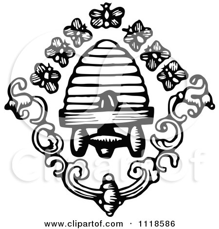 Clipart Of Retro Vintage Black And White Bees And Hive - Royalty Free Vector Illustration by Prawny Vintage