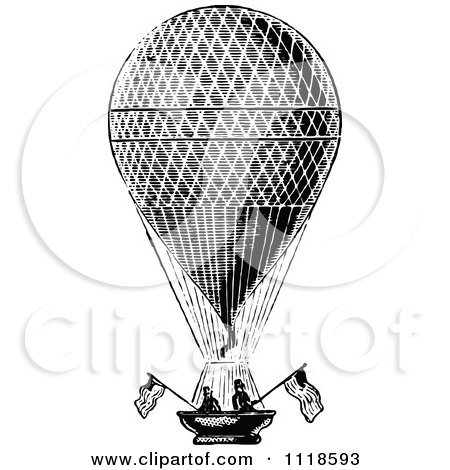 Clipart Of A Retro Vintage Black And White Men In A Hot Air Balloon With American Flags - Royalty Free Vector Illustration by Prawny Vintage