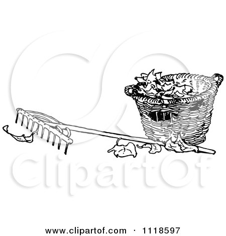 Clipart Of A Retro Vintage Black And White Rake And Basket Of Autumn Leaves - Royalty Free Vector Illustration by Prawny Vintage