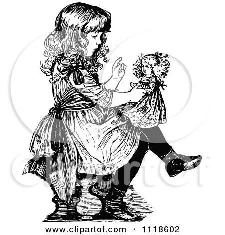 Clipart Of A Retro Vintage Black And White Girl Lecturing Her Doll - Royalty Free Vector Illustration by Prawny Vintage