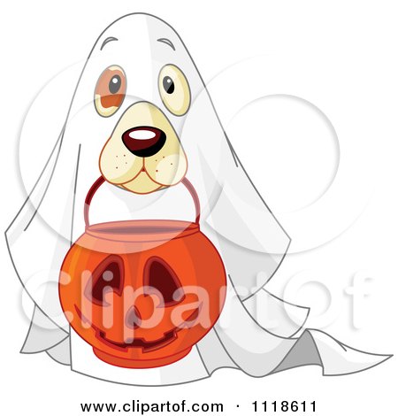 Cartoon Of A Trick Or Treating Halloween Dog In A Ghost Costume - Royalty Free Vector Clipart by Pushkin