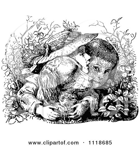 Clipart Of A Retro Vintage Black And White Boy And Girl With Their Dog In The Bushes - Royalty Free Vector Illustration by Prawny Vintage