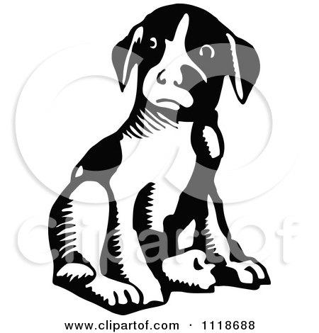 Clipart Of A Retro Vintage Black And White Puppy Dog Sitting 2 - Royalty Free Vector Illustration by Prawny Vintage