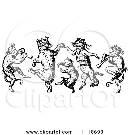 Clipart Of Retro Vintage Black And White Monkeys Cat And Foxes Dancing - Royalty Free Vector Illustration by Prawny Vintage