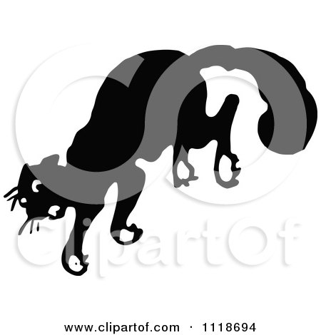 Clipart Of A Retro Vintage Black And White Scared Cat Jumping - Royalty Free Vector Illustration by Prawny Vintage