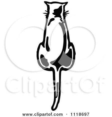 Clipart Of A Retro Vintage Black And White Cat Sitting From Behind - Royalty Free Vector Illustration by Prawny Vintage