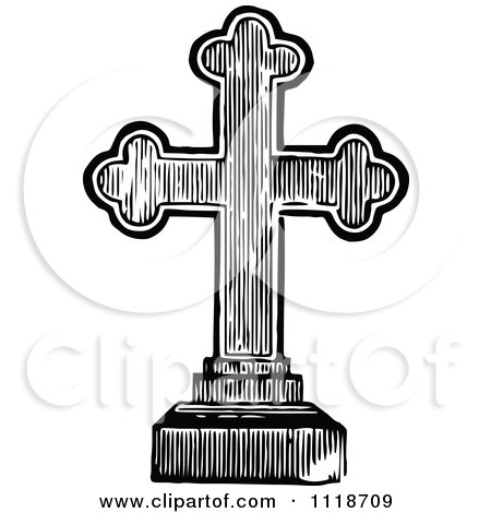 Clipart Of A Retro Vintage Black And White Cross Tombstone - Royalty Free Vector Illustration by Prawny Vintage