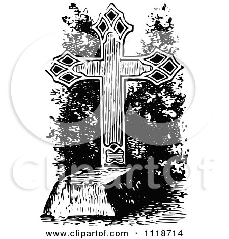 Clipart Of A Retro Vintage Black And White Cross Grave Stone - Royalty Free Vector Illustration by Prawny Vintage