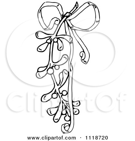 Clipart Of A Retro Vintage Black And White Christmas Mistletoe And Ribbon - Royalty Free Vector Illustration by Prawny Vintage