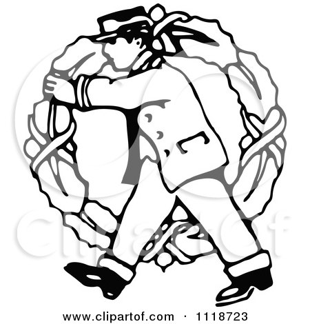 Clipart Of A Retro Vintage Black And White Delivery Man Carrying A Large Christmas Wreath - Royalty Free Vector Illustration by Prawny Vintage