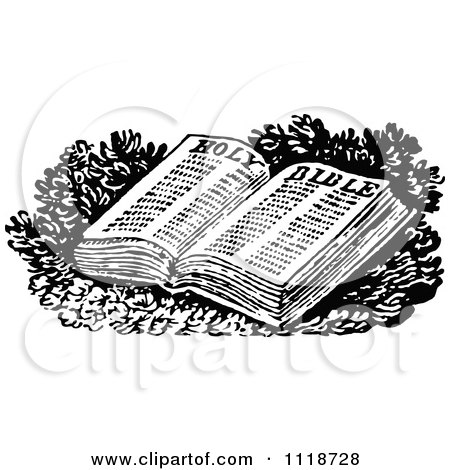Clipart Of A Retro Vintage Black And White Open Holy Bible - Royalty Free Vector Illustration by Prawny Vintage