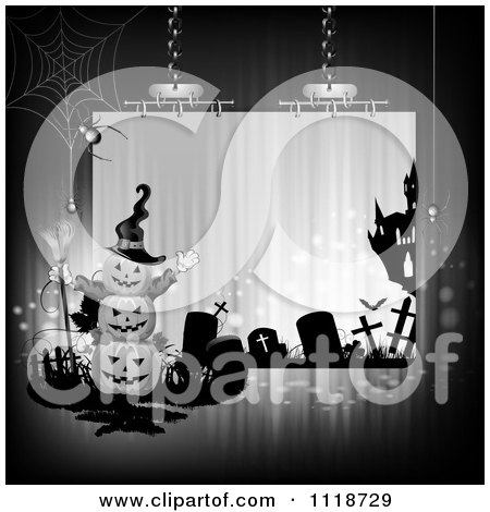 Clipart Of A Suspended Halloween Sign With Stacked Jackolanterns A Cemetery And Haunted House - Royalty Free Vector Illustration by merlinul