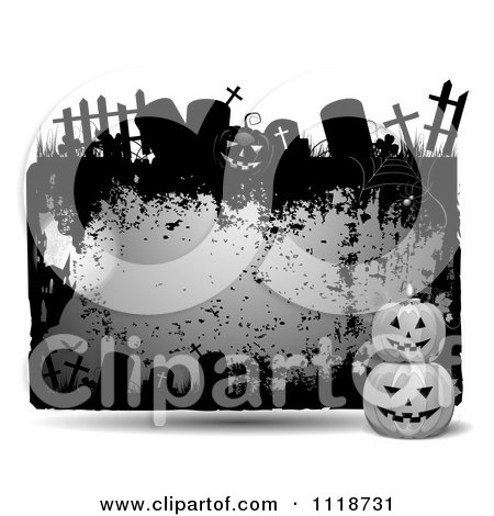 Clipart Of A Grungy Purple Halloween Frame With Gravestones And Jackolanterns - Royalty Free Vector Illustration by merlinul