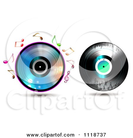 Clipart Of A Shiny Cd With Music Notes And Grungy Vinyl Record - Royalty Free Vector Illustration by merlinul