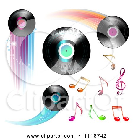 Clipart Of Flying Vinyl Records And Colorful Music Notes - Royalty Free Vector Illustration by merlinul