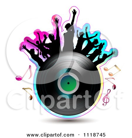 Clipart Of Silhouetted Dancers On A Vinyl Record With Music Notes 2 - Royalty Free Vector Illustration by merlinul