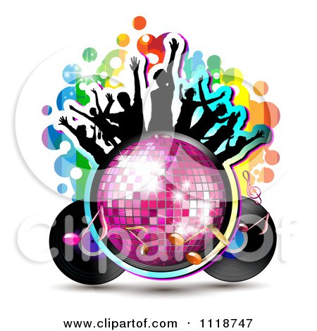Clipart Of Silhouetted Dancers On A Disco Ball With A Record Album And Music Notes - Royalty Free Vector Illustration by merlinul