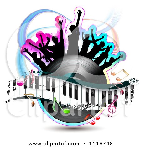 Clipart Of Silhouetted Dancers On A Vinyl Record With A Keyboard And Music Notes 3 - Royalty Free Vector Illustration by merlinul