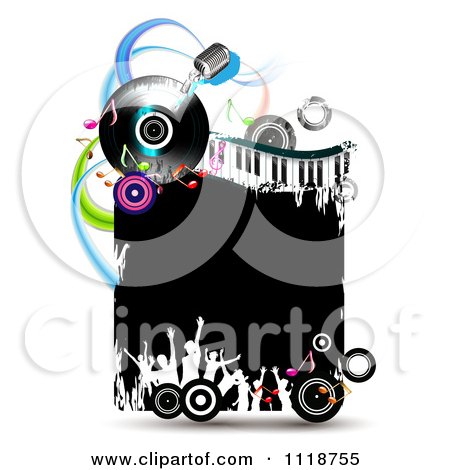 Clipart Of Silhouetted Dancers With Copyspace On A Keyboard Album And Microphone Music Frame 1 - Royalty Free Vector Illustration by merlinul