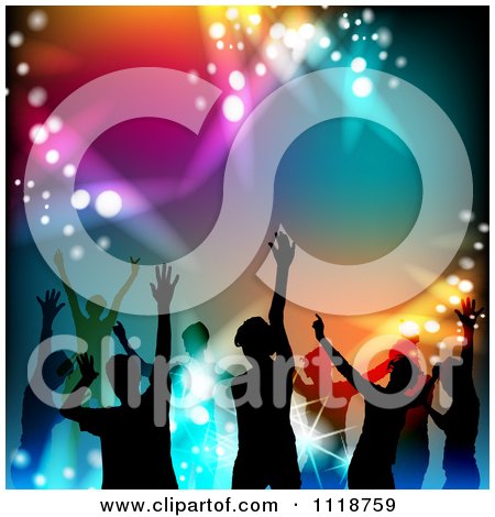 Clipart Of Silhouetted Dancers With Colorful Lights - Royalty Free Vector Illustration by merlinul