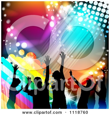 Clipart Of Silhouetted Dancers With Rainbow Grunge And Colorful Lights - Royalty Free Vector Illustration by merlinul