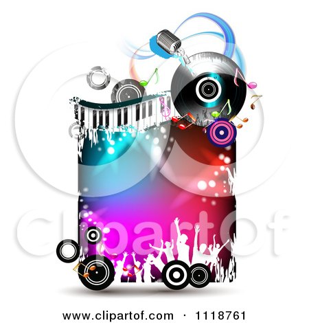 Clipart Of Silhouetted Dancers With Copyspace On A Keyboard Album And Microphone Music Frame 2 - Royalty Free Vector Illustration by merlinul