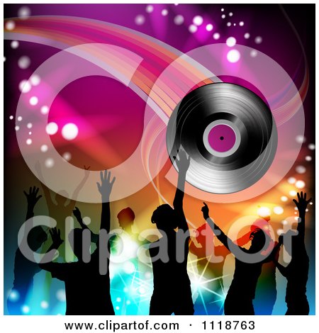 Clipart Of Silhouetted Dancers With A Vinyl Record 1 - Royalty Free Vector Illustration by merlinul