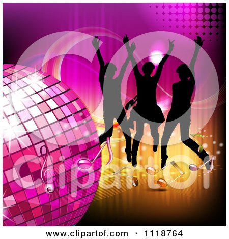 Clipart Of Silhouetted Dancers With A Disco Ball And Music Notes 2 - Royalty Free Vector Illustration by merlinul
