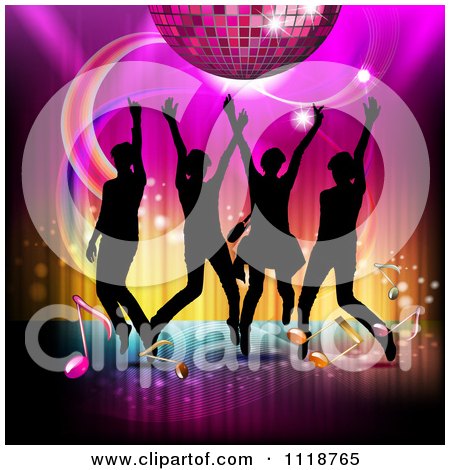 Clipart Of Silhouetted Dancers With A Disco Ball And Music Notes 1 - Royalty Free Vector Illustration by merlinul