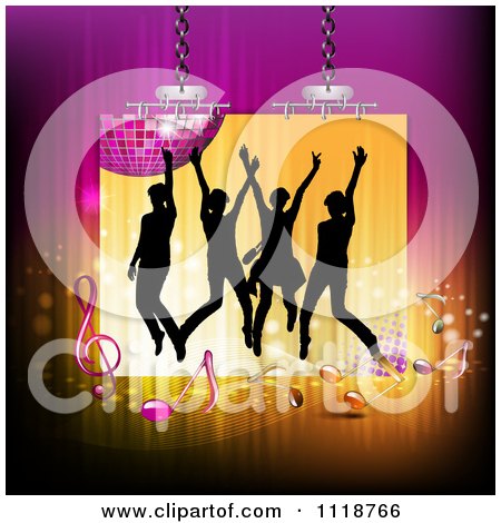 Clipart Of Silhouetted Dancers With A Disco Ball And Music Notes 3 - Royalty Free Vector Illustration by merlinul