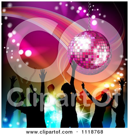 Clipart Of Silhouetted Dancers Under A Disco Ball - Royalty Free Vector ...