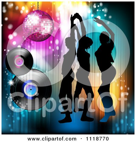 Clipart Of Silhouetted Dancers With A Disco Ball And Vinyl Records - Royalty Free Vector Illustration by merlinul
