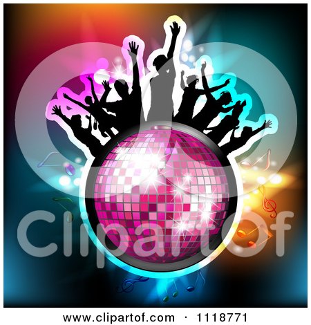 Clipart Of Silhouetted Dancers On A Disco Ball With Music Notes 1 - Royalty Free Vector Illustration by merlinul