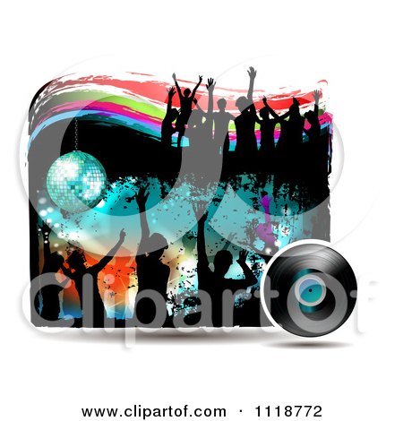 Clipart Of Silhouetted Dancers With Grunge A Disco Ball And Vinyl Record - Royalty Free Vector Illustration by merlinul