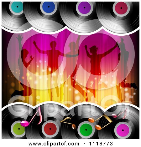 Clipart Of Silhouetted Dancers With Vinyl Records And Music Notes - Royalty Free Vector Illustration by merlinul