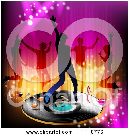 Clipart Of Silhouetted Dancers With One On A Vinyl Record With Music Notes - Royalty Free Vector Illustration by merlinul