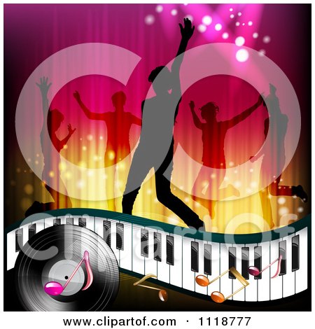 Clipart Of Silhouetted Dancers Over A Keyboard Music Notes And Vinyl Record - Royalty Free Vector Illustration by merlinul