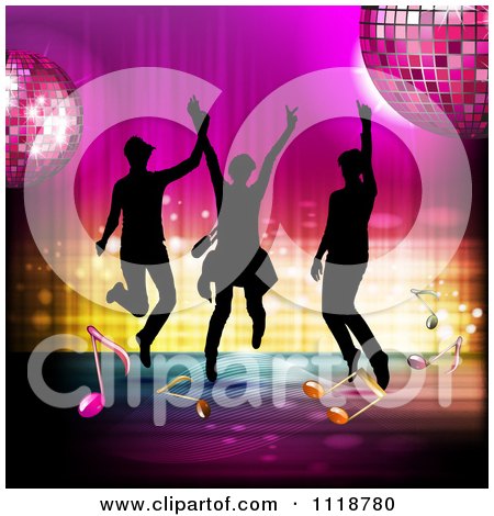 Clipart Of Silhouetted Dancers With A Disco Ball And Music Notes 4 ...