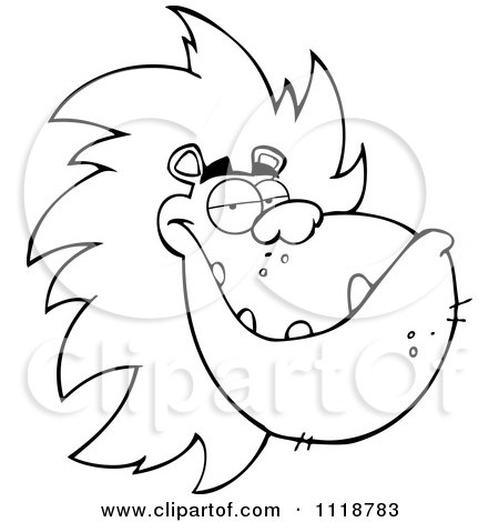 Cartoon Of An Outlined Grinning Male Lion Face - Royalty Free Vector Clipart by Hit Toon